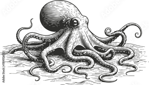 Detailed black and white octopus illustration with flowing tentacles, marine animal sketch, ocean wildlife art