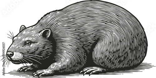 Detailed engraving beaver illustration with fur texture and whiskers, side view close up animal drawing