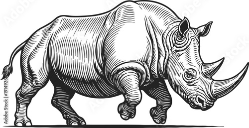 Detailed black and white engraving of a rhinoceros with prominent horn and textured skin
