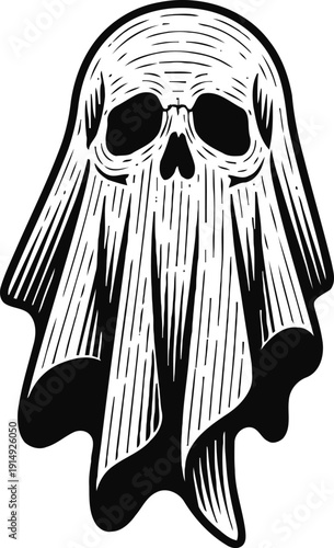 Ghost skull illustration with flowing draped cloth and hollow eyes vintage design