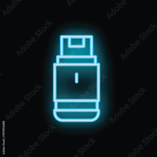 Bright blue outline of a usb flash drive is glowing against a black background