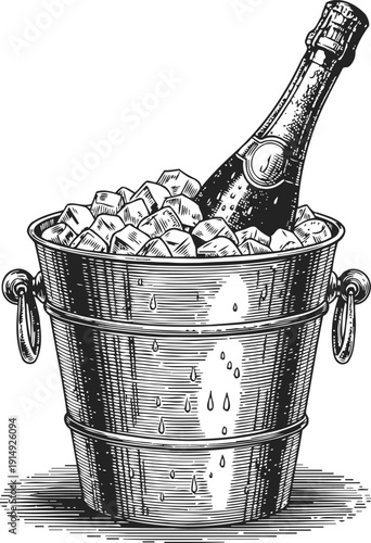 Champagne bottle chilling in ice bucket with water droplets, vintage engraved illustration