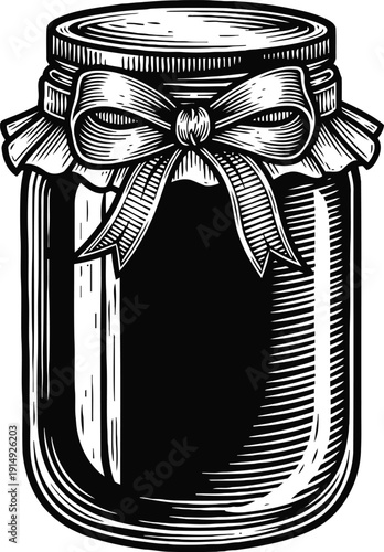 Vintage glass jar with decorative fabric cover and bow, empty container for homemade preserves