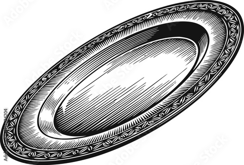Ornate oval silver platter with detailed decorative border and engraved texture design