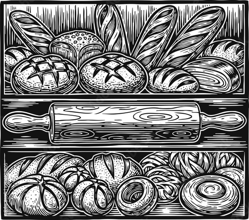 Hand drawn assorted bread loaves and pastries with rolling pin in vintage engraving
