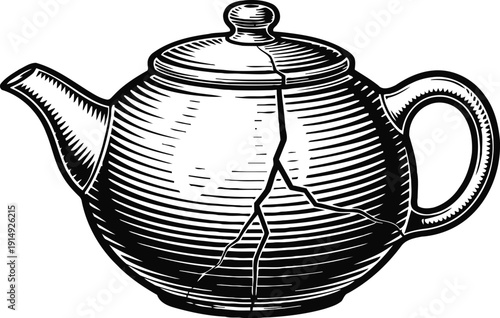 Vintage cracked teapot illustration in black and white engraving with detailed crosshatch shading