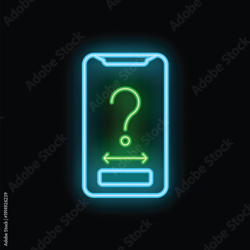 Neon glowing icon of a smartphone displaying a green question mark and a resize gesture
