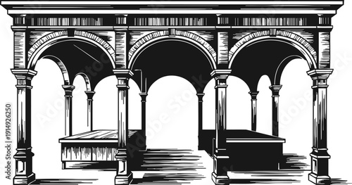 Ancient stone tombs under arched colonnade with columns and detailed classical architecture