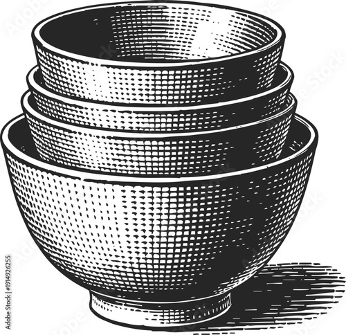 Stack of vintage nested ceramic bowls with textured engraving and shading