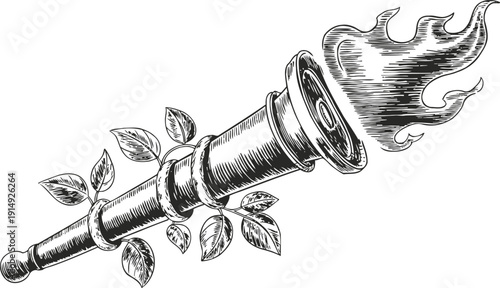 Vintage telescope with flames and growing leaves, hand drawn sketch illustration of a burning spyglass