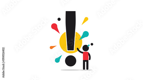 Stylized figure pointing at a giant exclamation mark surrounded by colorful sparks to represent an urgent warning or insight.