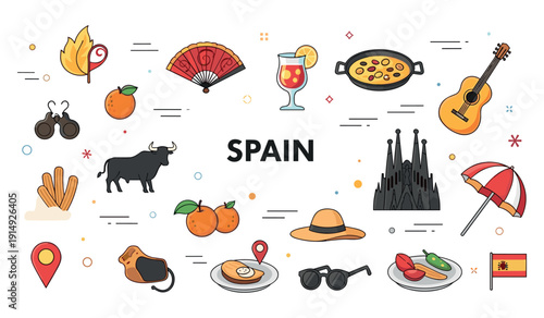 Spanish culture collage: icons of tradition, cuisine, and heritage