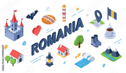 Colorful romanian isometric icons featuring cultural and natural symbols