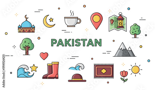 Colorful icons representing pakistan culture and traditions