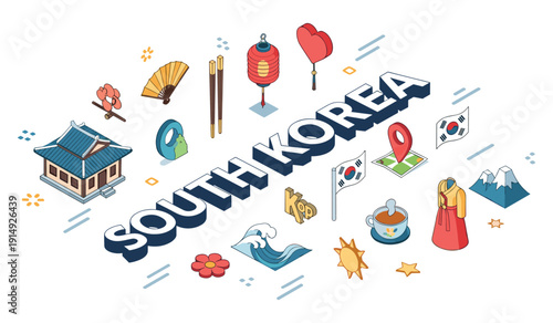 South korea symbols: traditional icons and landmarks in isometric design