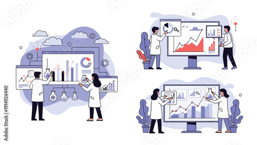 Three illustrations of laboratory scientists analyzing data and chemical reactions on screens to drive scientific discovery.