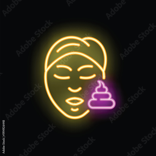 Neon sign representing the concept of unconventional beauty treatment with a woman with a headband and a poop icon