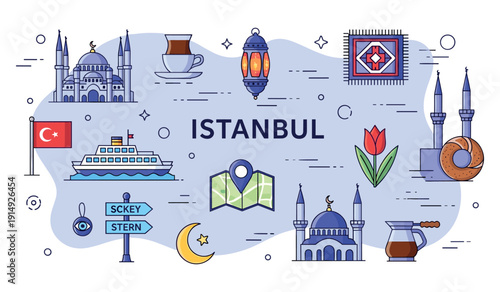 Colorful icon set of istanbul landmarks and symbols with mosques, tulip, turkish flag, and coffee