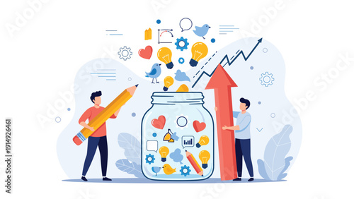 Creative duo filling a large glass jar with ideas, hearts, and growth symbols to represent collective inspiration and passion.