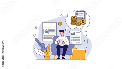 Man sitting in an armchair dreaming about financial security, savings, and important documents for his future retirement plan.