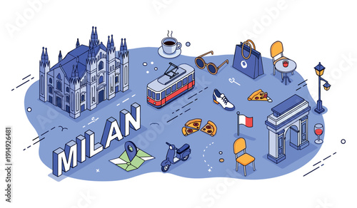 Illustrated milan: famous landmarks and italian culture icons in blue tones