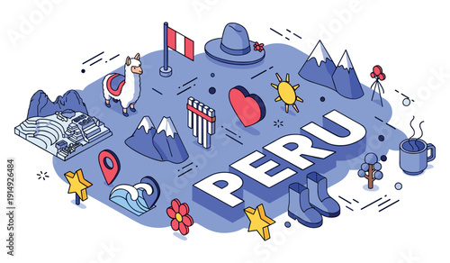 Isometric illustration of peru with iconic symbols and landmarks