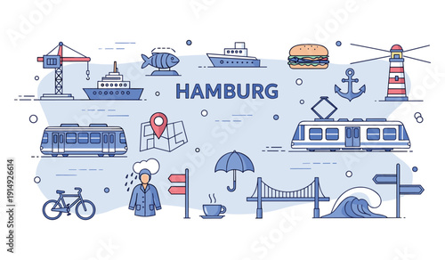 Hamburg city icons: landmarks, transportation, and nautical symbols illustrated