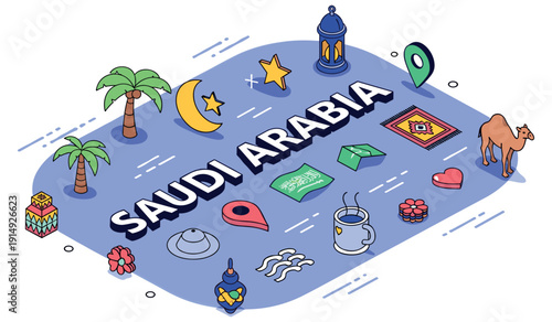 Illustrative elements of saudi arabian culture with icons and symbols