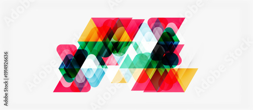Abstract geometric shapes overlap, creating vibrant colorful composition. Triangles dominate design, with translucent effects.