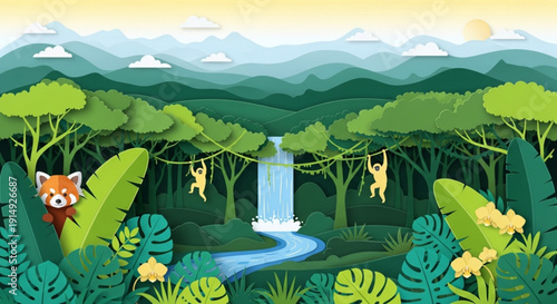 Red panda peers from lush jungle foliage with waterfall monkeys swinging from vines in vibrant tropical forest landscape with mountain range