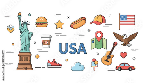 Iconic usa symbols: statue of liberty, american flag, bald eagle, and classic american items