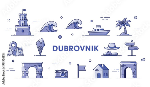 Dubrovnik travel icons: landmarks, waves, and beach elements