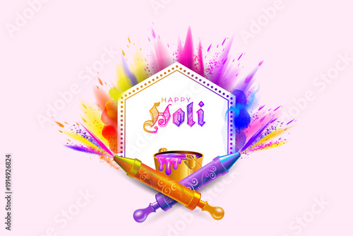 Festive Holi color explosion background with hexagon frame design for wish post.
