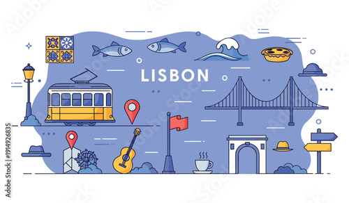 Lisbon icons: tram, bridge, ocean, and traditional portuguese symbols