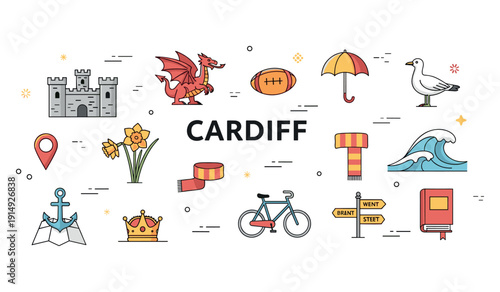 Cardiff icons: welsh dragon, castle, rugby ball, and more cultural symbols
