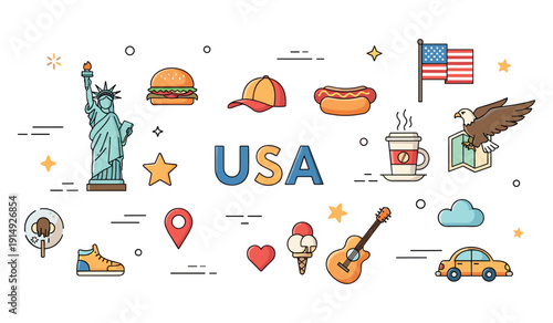 Usa icons collection featuring statue of liberty, american flag, and cultural symbols
