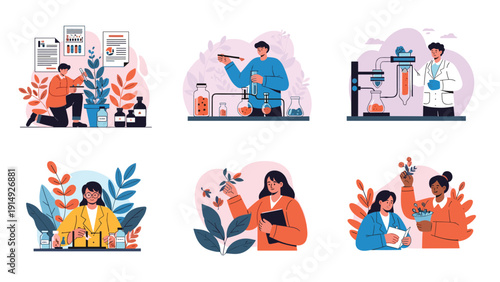 Group of professional scientists conducting various botanical experiments and research in a modern laboratory setting for agricultural development.