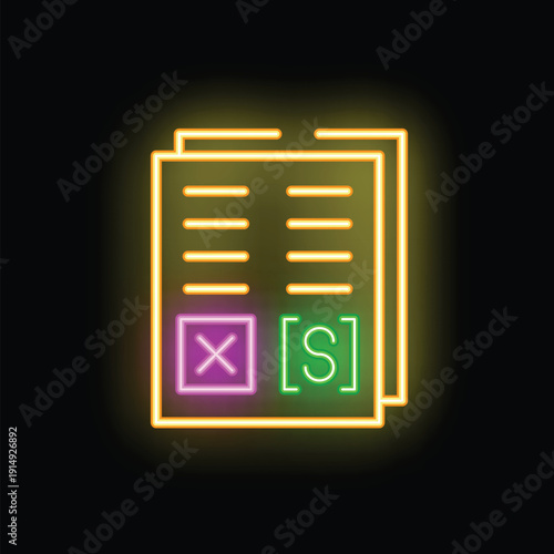 Glowing neon icon of documents with paragraphs and checkboxes, symbolizing proofreading, editing, and content review