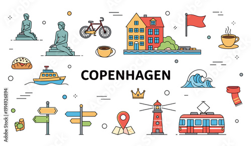 Colorful illustrations of iconic copenhagen landmarks and activities