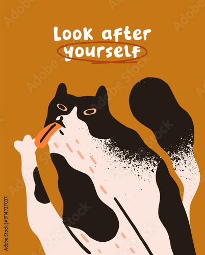 Comic postcard design with cute kitty washing with tongue. Funny greeting card template with happy cat licking its paw. Amusing animal, kitten is cleaning on creative layout. Flat vector illustration