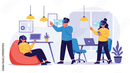 Team of modern office workers using virtual reality headsets to collaborate on digital projects and enhance workplace productivity with technology.