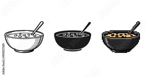 Bowl of cereal in three artistic styles: sketch, solid, pixel