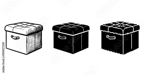 Three styles of ottoman design: sketch, silhouette, pixel