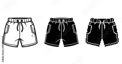 Stylish shorts trio: modern design in monochrome and pixel art variations
