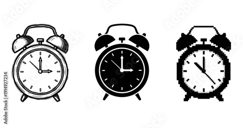 Three alarm clock designs: vintage, modern, pixel art illustrations