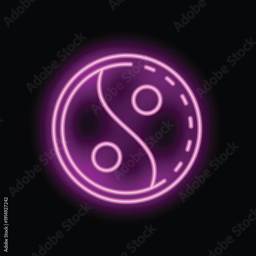 Neon pink yin yang symbol glowing in the dark, representing balance and harmony