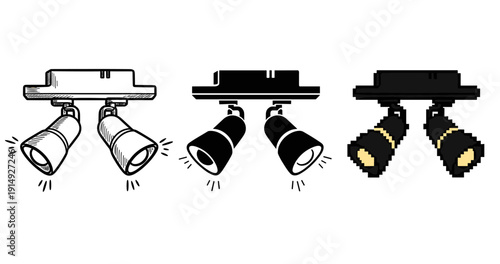 Three track light variations: sketch, silhouette, pixel art representations