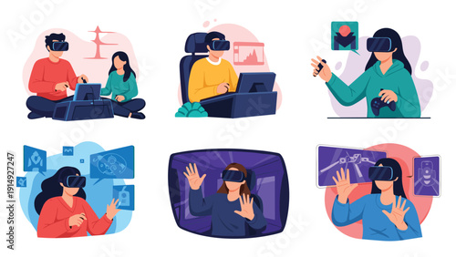 Collection of people using virtual reality technology for gaming and professional data visualization in various modern lifestyle and work settings.