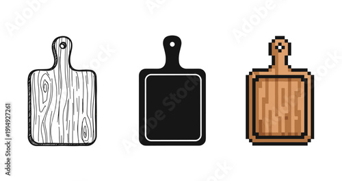 Variety of cutting boards in hand-drawn silhouette and pixel art styles