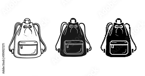 Three styles of backpack illustration in sketch, black and pixel art